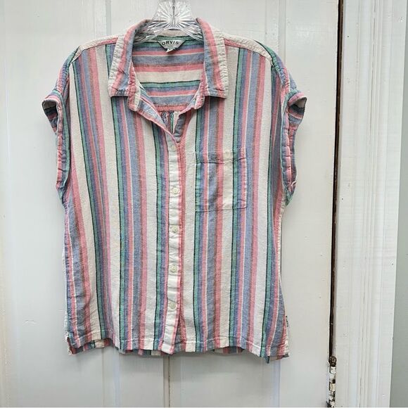Orvis linen blend button down short sleeve blouse women's medium - Picture 1 of 5